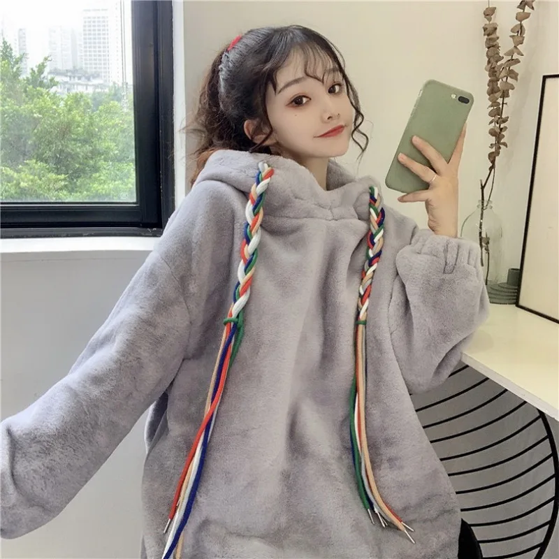 

Korean Hooded Sweatshirts Winter Fashion Casual Solid Hooded Pullover Loose Fleece Oversize Sweatshirts for Women Free shipping