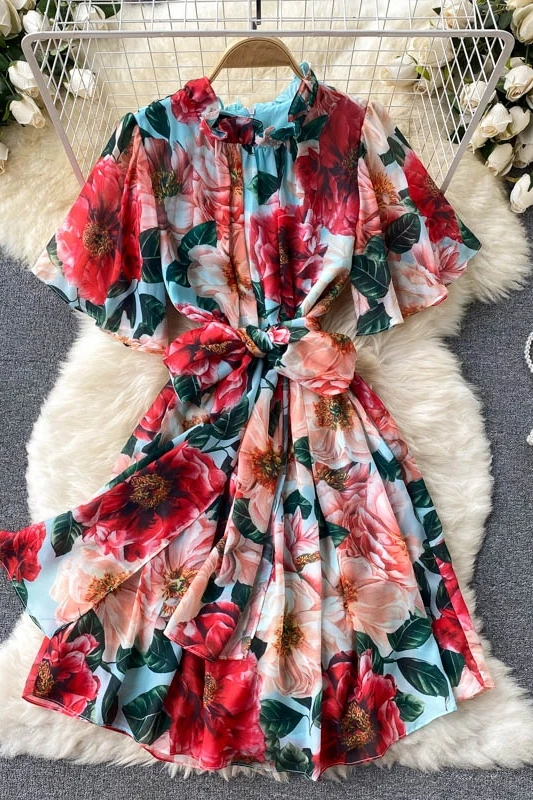 

Noble and elegant temperament women's 2021 new trendy retro print sweet wood ear collar slim short dress