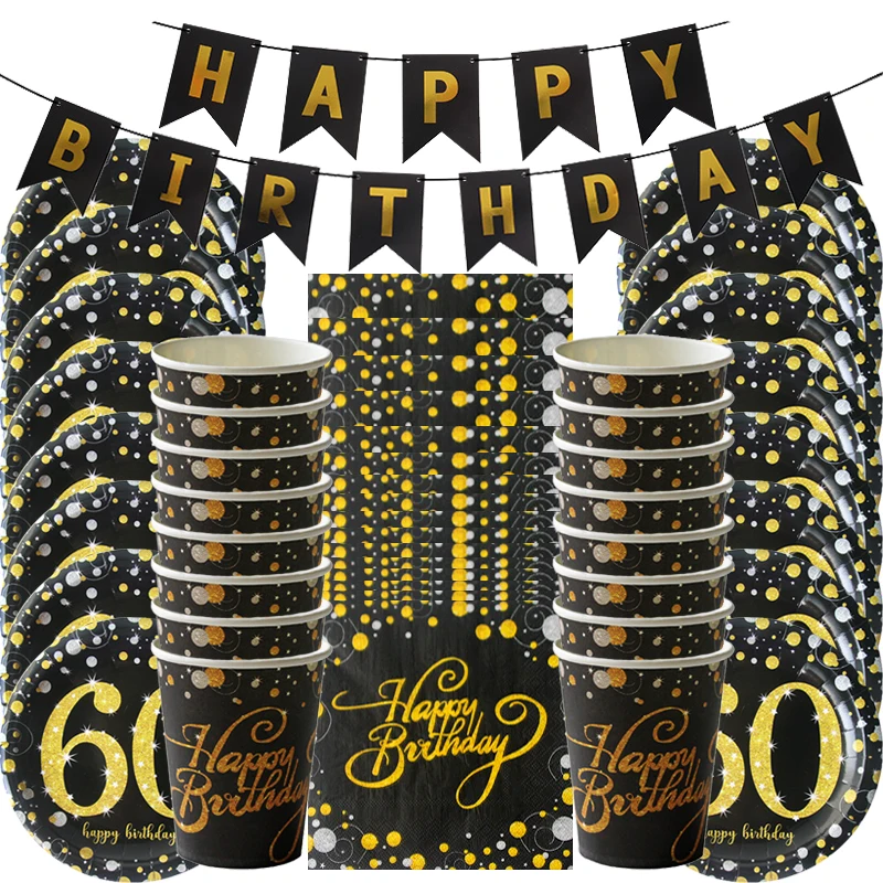 

1set 30th 40th 50th 60th happy birthday party decorations adult anniversary party supplies gold black paper plate cup napkin