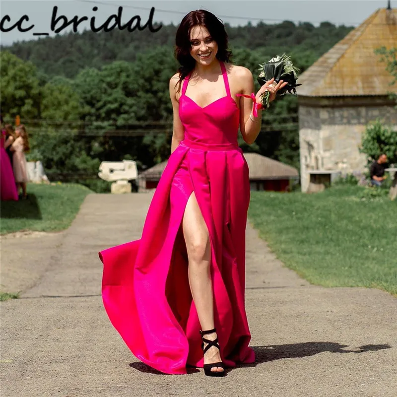 

Fuchsia Satin Prom Dresses Long 2020 Sexy High Split Evening Party Gowns For Women Cheap Plus Size Satin rochii robe de soiree