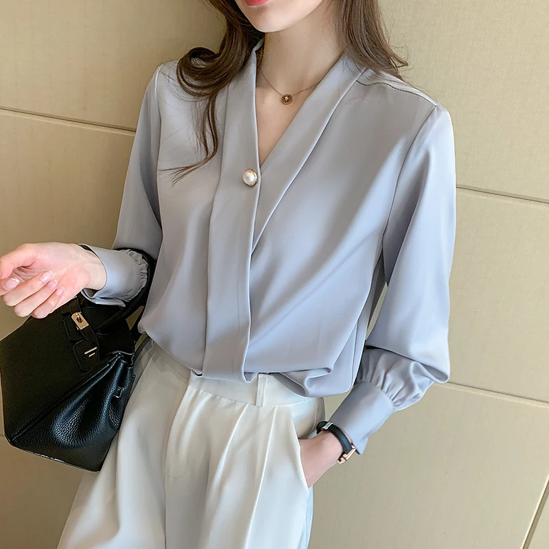 

2021 New Fashion Chiffon Women Blouse and Tops Office Long Sleeve Elegant Women Shirts with Beading V Neck Loose Female Clothing