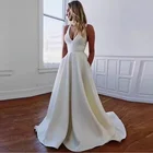 Женское свадебное платье с бантом, элегантное атласное платье с V-образным вырезом и открытой спиной, простой сатин