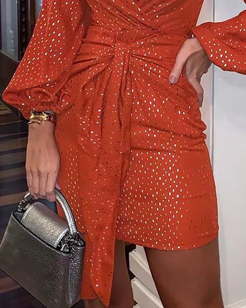 

Elegant Dress V Neck Hot Stamping Lantern Sleeve Ruched Dress