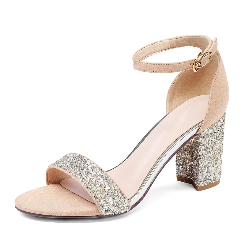 

2021 Elegant Women Bling Rhinestone Pumps Sandals Shiny Gold Slippers Fashion Ladies Square Heel Female Office Dress Shoes Hot