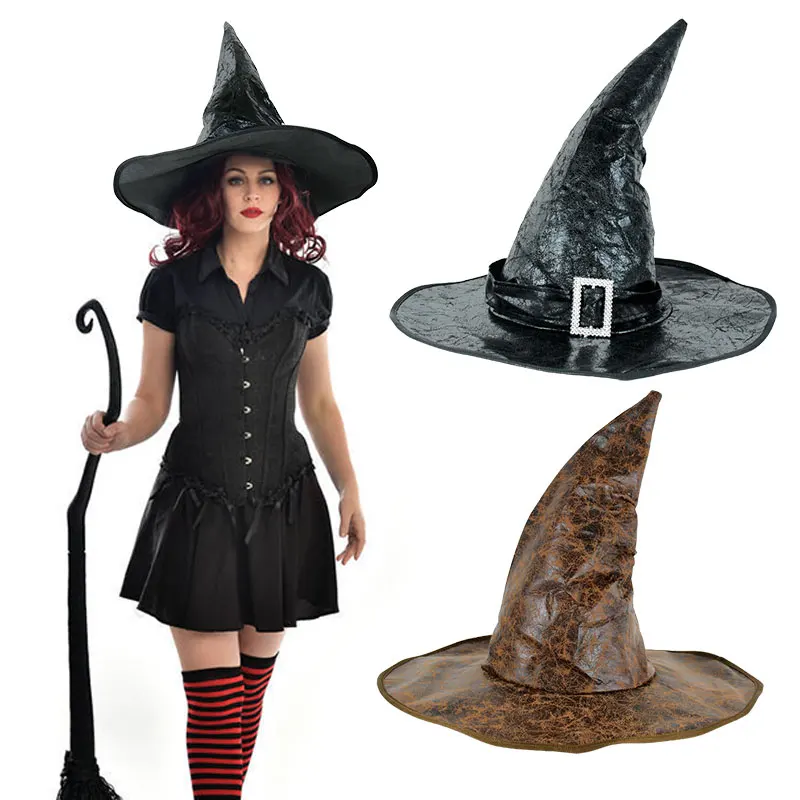 Halloween Black Witch Hats Artificial Leather Fashion Women Hat Cosplay Partys Props Witch Decora For Halloween Party Supplies