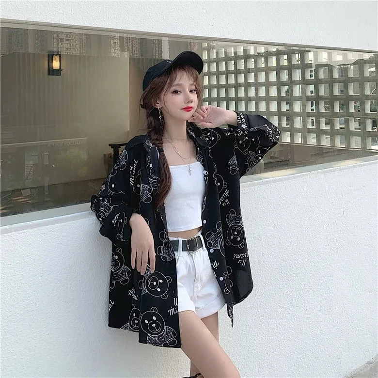 

Chiffon Loose Women's Blouses Fashion Long Sleeve Top Cartoon Bear Print Buttons Polo Shirt Summer New Casual Blouse Houthion