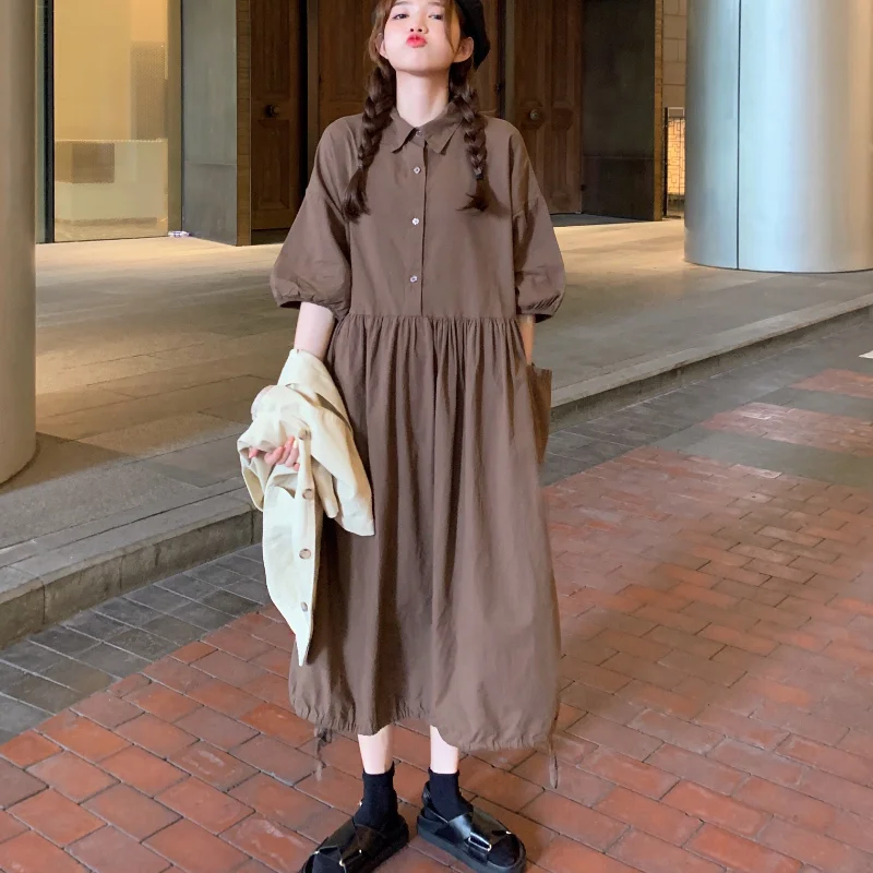 

Женское длинное свободное платье-рубашка, коричневое Милое Платье макси с пышными рукавами, высокой талией и шнуровкой на подоле, лето 2021