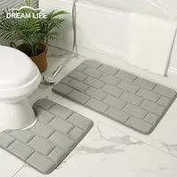 Coral Fleece Bath Mat Non-Slip Grey Toilet Mats Set Water Absorbent Bathroom Rugs Brick 3D Door Entrance Floor Carpet 2pcs