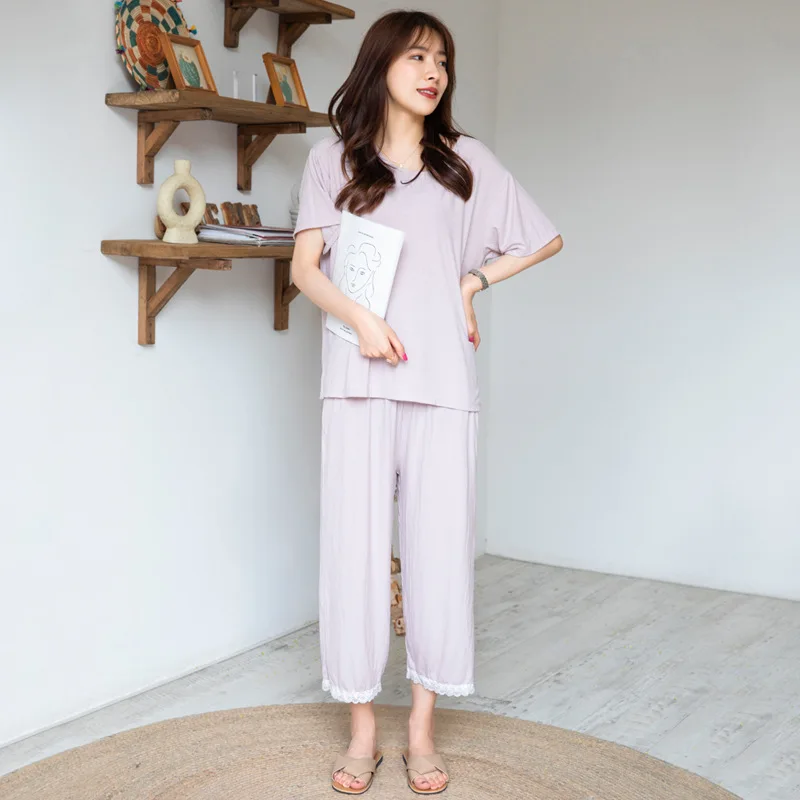 New Summer Pajamas Women's Short Sleeve Lace Edge Pure Color Cotton Home Clothes Spring Autumn Nightwear Leisure Suit Sleepwear