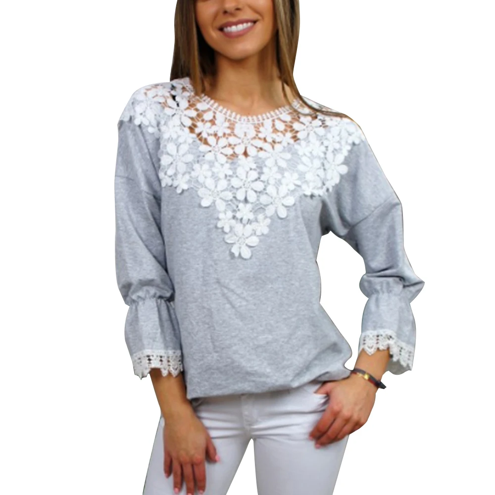 

Women Lace Floral Patchwork Pullover Round Neck Long Sleeve Tee Lantern Sleeve Spring Shirt Solid Autumn Stylish Fashion Tops