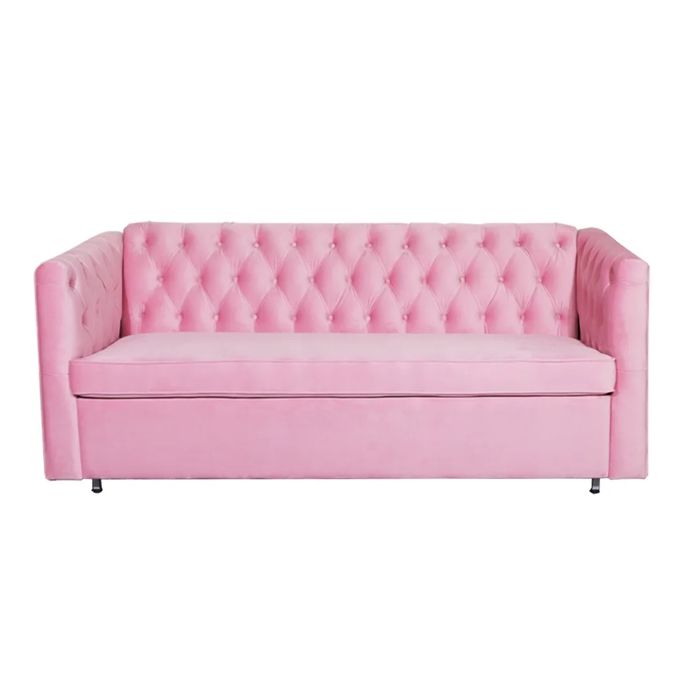 

Hot Sale Whosale Living Bed Room Furniture Plush Baby Pink Fabric Velvet Tufed Foldable Sofa Cum Bed