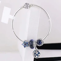original 925 sterling silver blue star pendant glass beads with snowflake button bracelet for womens wedding party gift jewelry