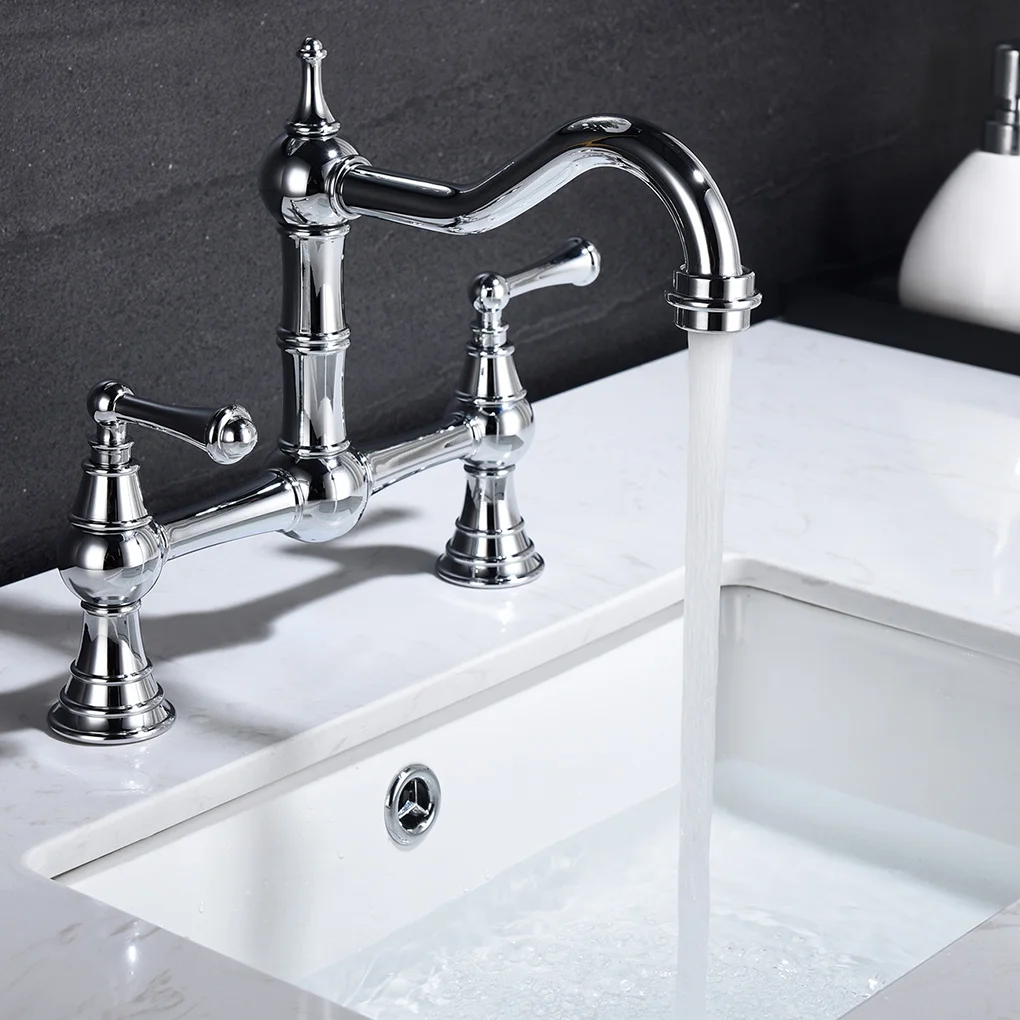 

Double Handles Widespread Kitchen Faucet Bathroom Toilet Hot Cold Water 3 Holes Water Tap