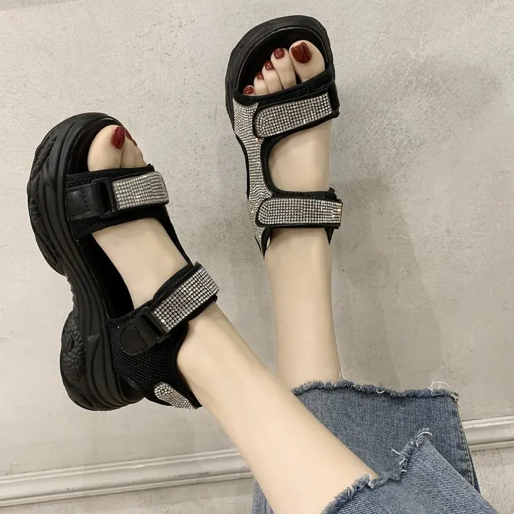 

Lady Women Casual Open Toe Female Flat Height Increasing Sole Woman Rhinestone Sandals