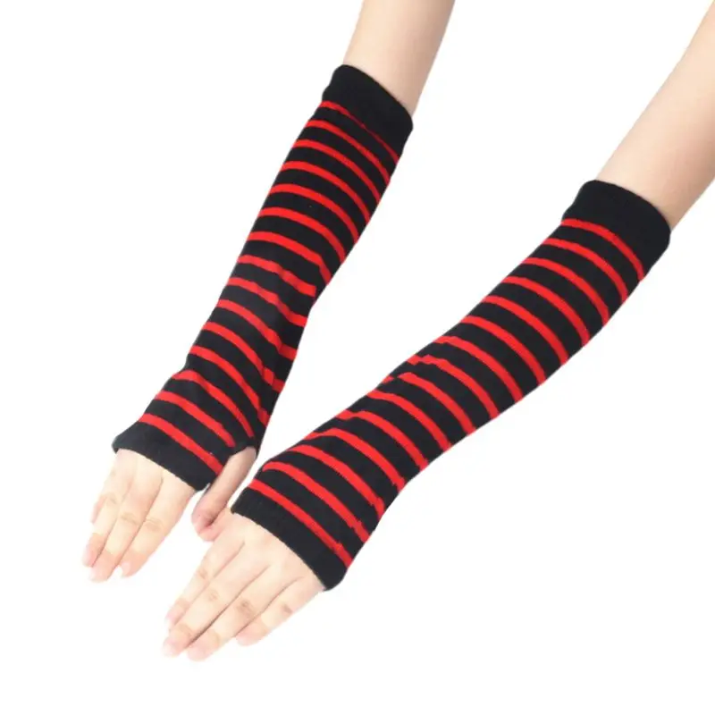 

Q1FA Women Girls Knitted Fingerless Long Gloves Stripes Printed Over Elbow Length Winter Stretchy Arm Warmer Sleeves with Thumb