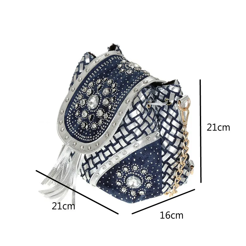 

YourSeason Fashion Denim Knitting Rhinestone Bags For Ladies 2021 Small Bucket Women Shoulder Crossbody Messenger Bag