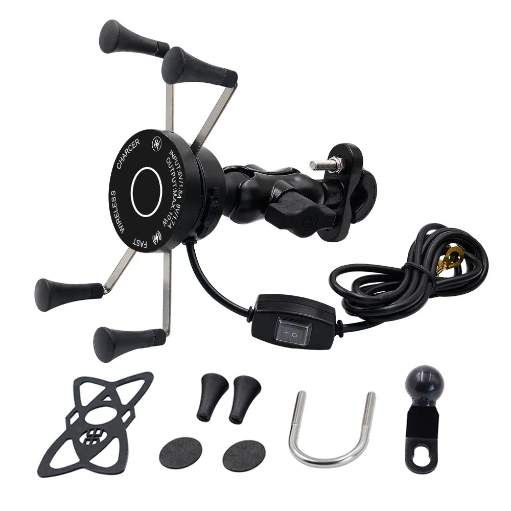 Motorcycle Charger Phone Holder With USB Wireless Wired 2in1 ABS Phone Holder for Motorbike Holder Handlebar Rearview Mount 2in1