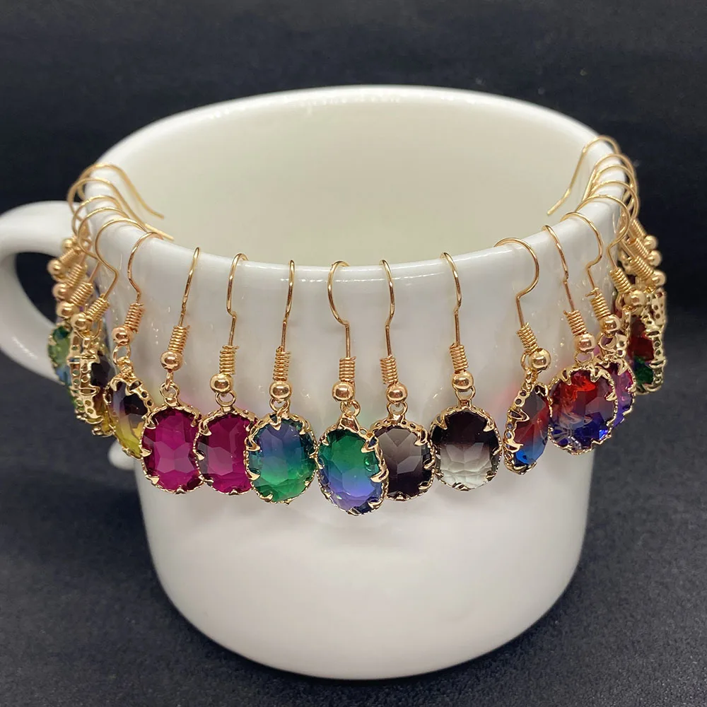 

Natural Stone Crystal Earrings Jewelry Oval Colorful Gradient Crystal Metal Edging Exquisite Earrings Gifts for Ladies 4 Pieces