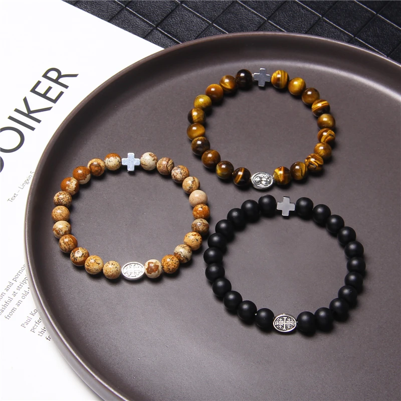 Браслет с подвеской-крестом из натурального камня статуя бога аксессуар
