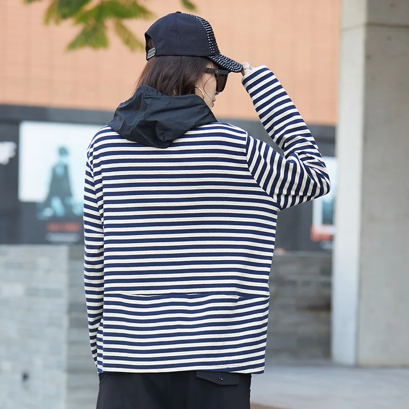 

Women's Tops For Female Hooded Tees With Hat Fashion Brand Spring 2021 New Korean Version Lazy Stripe Trend Loose Casual