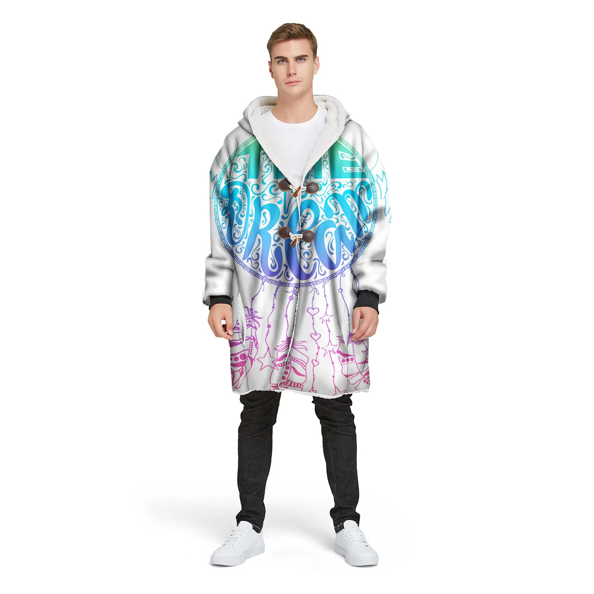 new brand 3D print custom design man's Sherpa coat loose long winter plus velvet jacket polyester hooded warm CL30