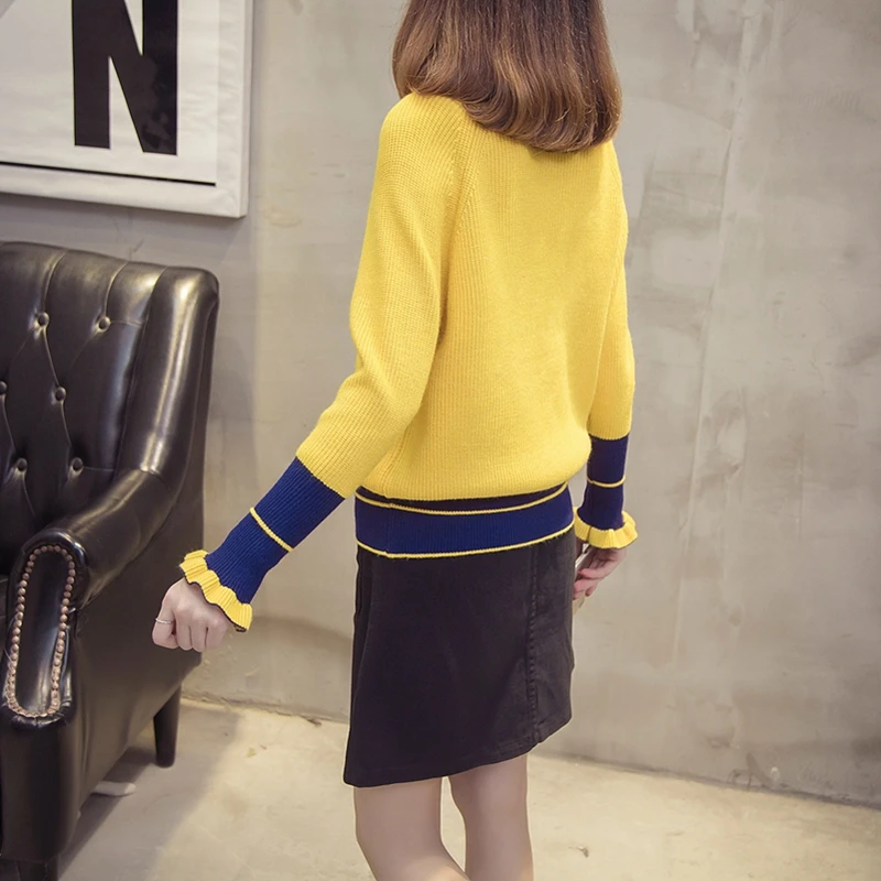 

2021 Sweater Women Fashion Korean Style Casual O Neck Patchwork Knitted Slim Fit Solid Color Basic Women Sweater