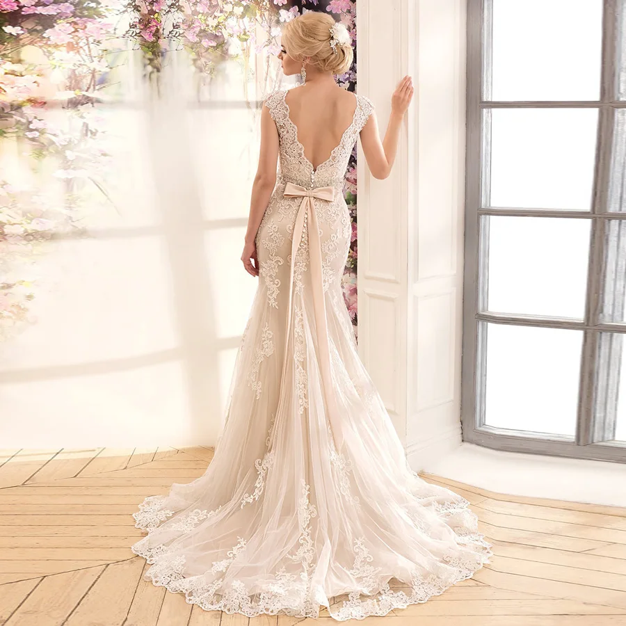 Elegant Full Lace Mermaid Wedding Dresses O-Neck Sleeveless Bridal Gown Beading Sashes Robe De Mariee | Свадьбы и торжества