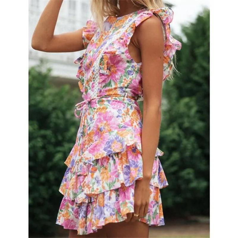 

Vacation Style Print Dress Women Lace Up High Waist O Neck Swing Dress New Fashion Summer Sleeveless Backless Dresses Vestidos