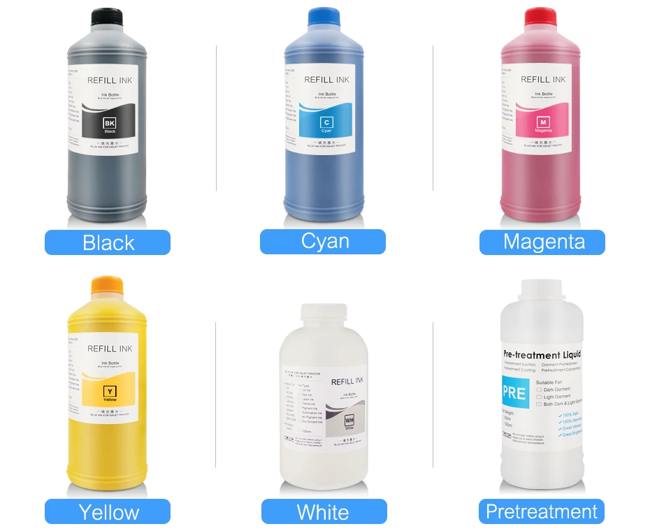 1000 мл чернила dtg для рисования на ткани одежды чернила для Epson DX5 DX7 R330 1390 1400 R1900 R2000 F2000 F2100(BK C M Y белый предварительной обработки