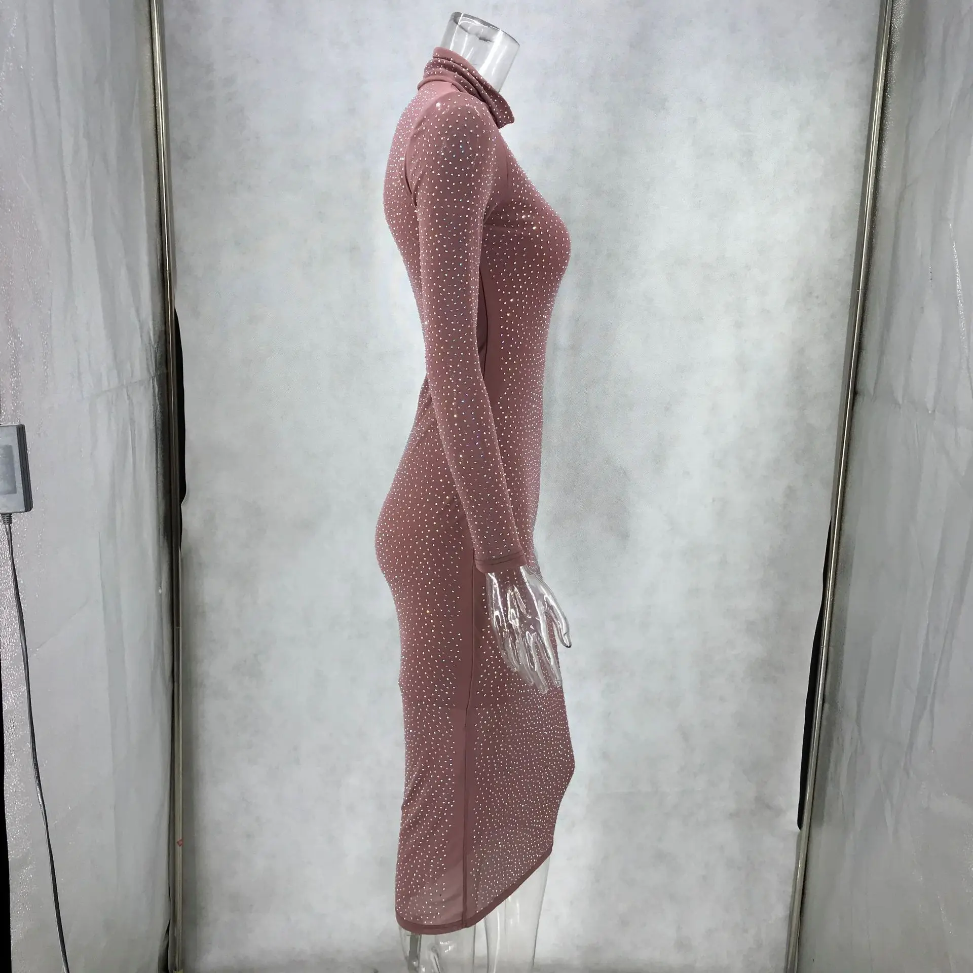 

MSXU 2020 New Hot-selling Women Net Yarn Long-sleeved High-neck Dress Fashion Casual Sexy Personality Women Diamond Dress