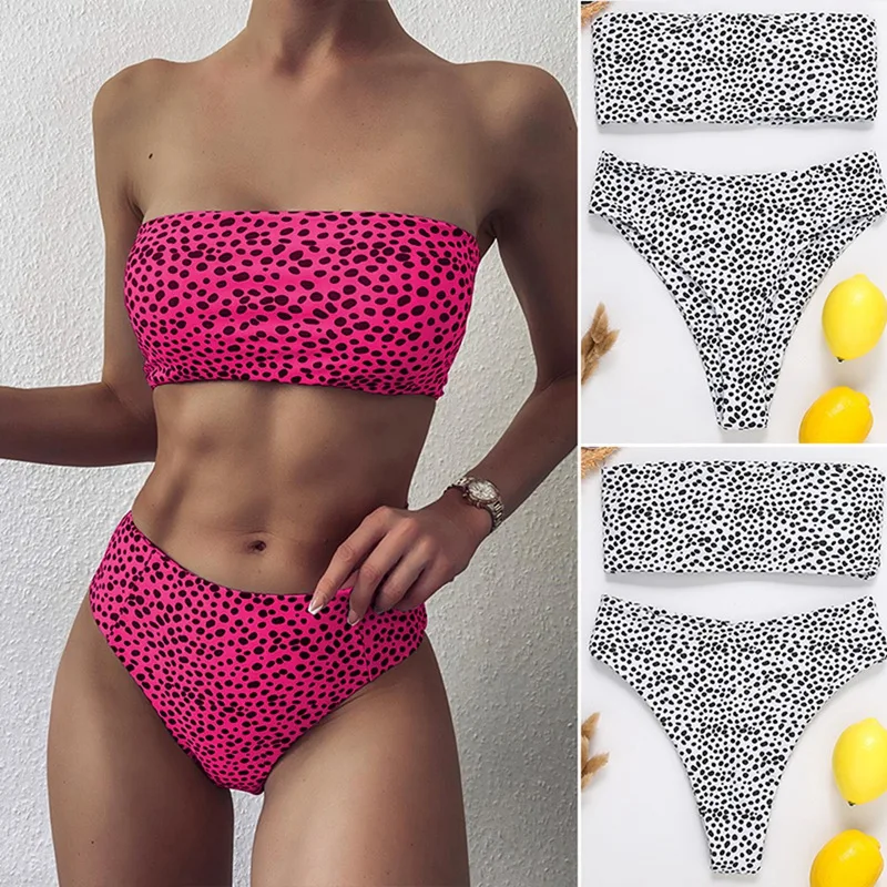 

Leopard 2 Piece Lace Up Swimsuit Women Sexy Bikini Set Mid Waisted Bikini