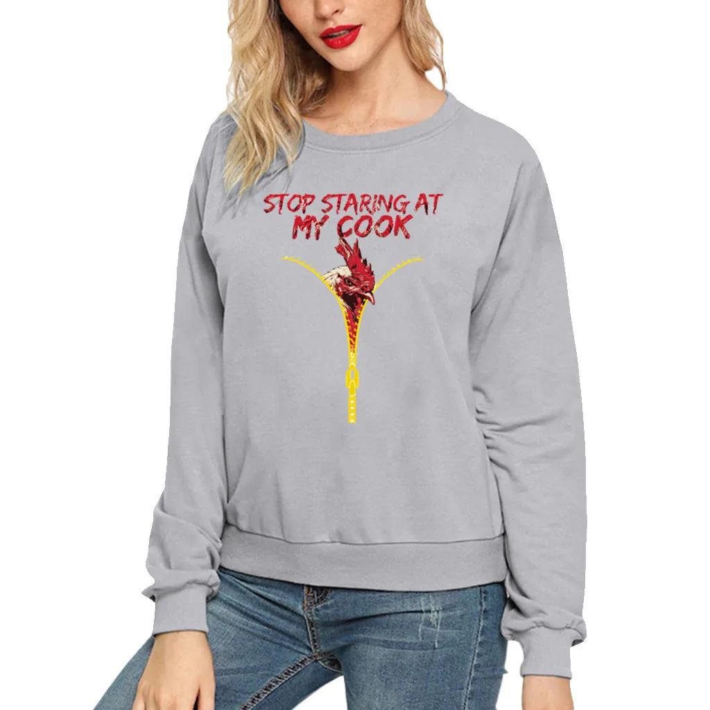 

Alone Stop Staring At My Cock Cock Printed Long Sleeve Tops Round Neck Sweatershirt Letter Printing Sweatshirt Women