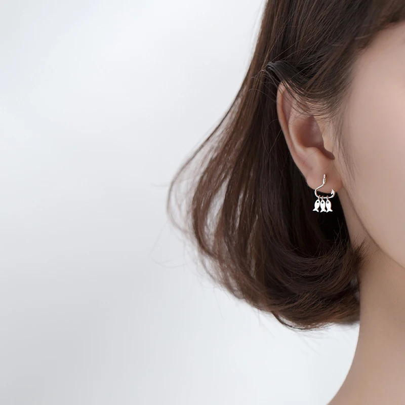 Modian Glossy Three Small Fish Hooks Earring for Women Gift Real 925 Sterling Silver Simple Animal Dangle Fine Jewelry | Украшения и