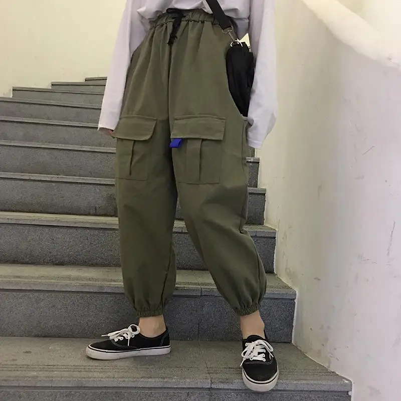 

cargo pants solid high sweatpants pockets loose drawstring casual autumn Korean style fashion Women's Clothing Capris Female