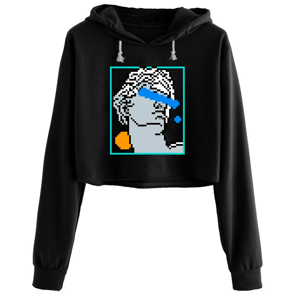 

Vaporwave Trippy 420 Statue Pixel Art Crop Hoodies Women Aesthetic Kpop Korean Y2k Pullover For Girls