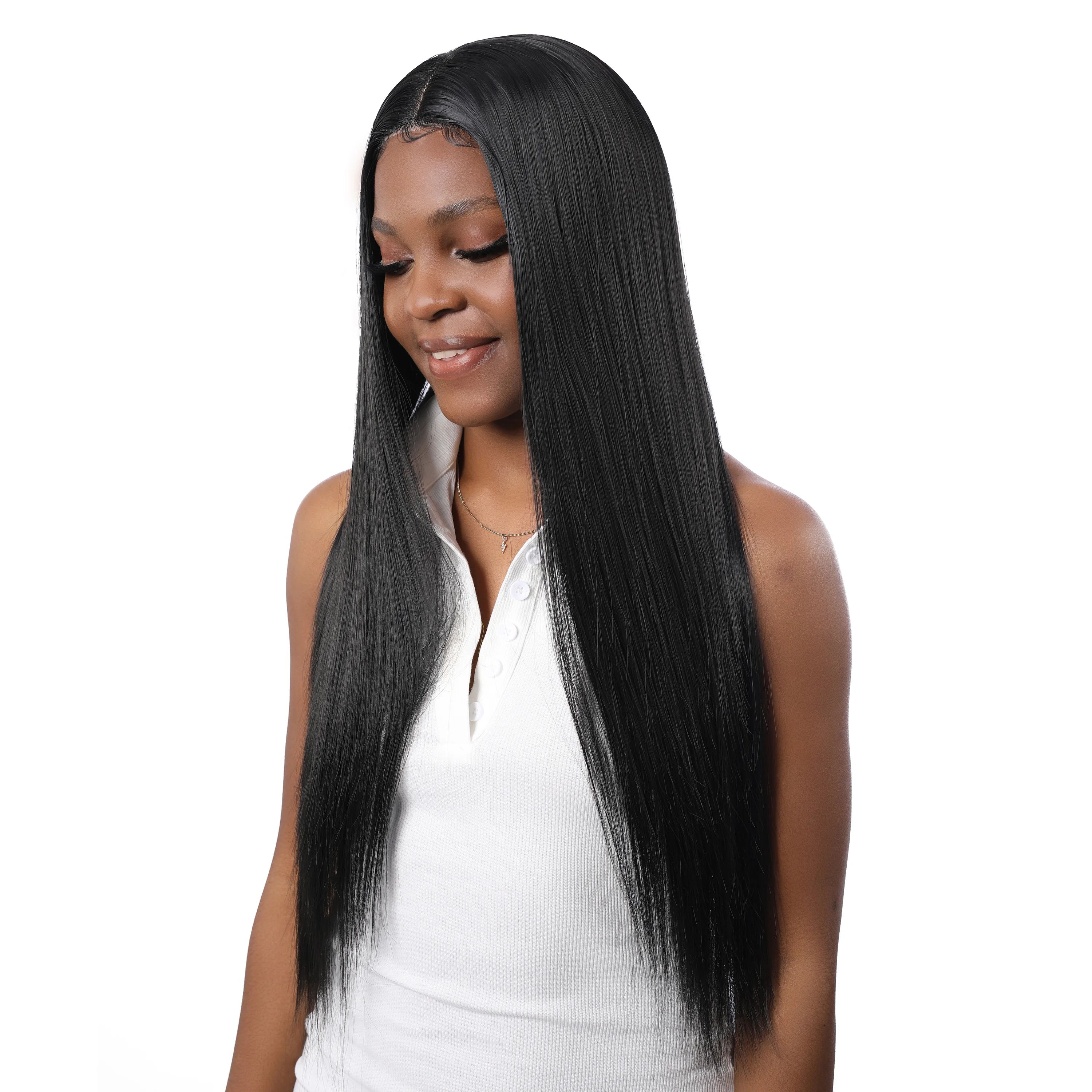 

Black Color Soft Silky Straight Long Glueless Lace Front Wig High Temperature For Black Women With Baby Hair 180%Density 26Inch