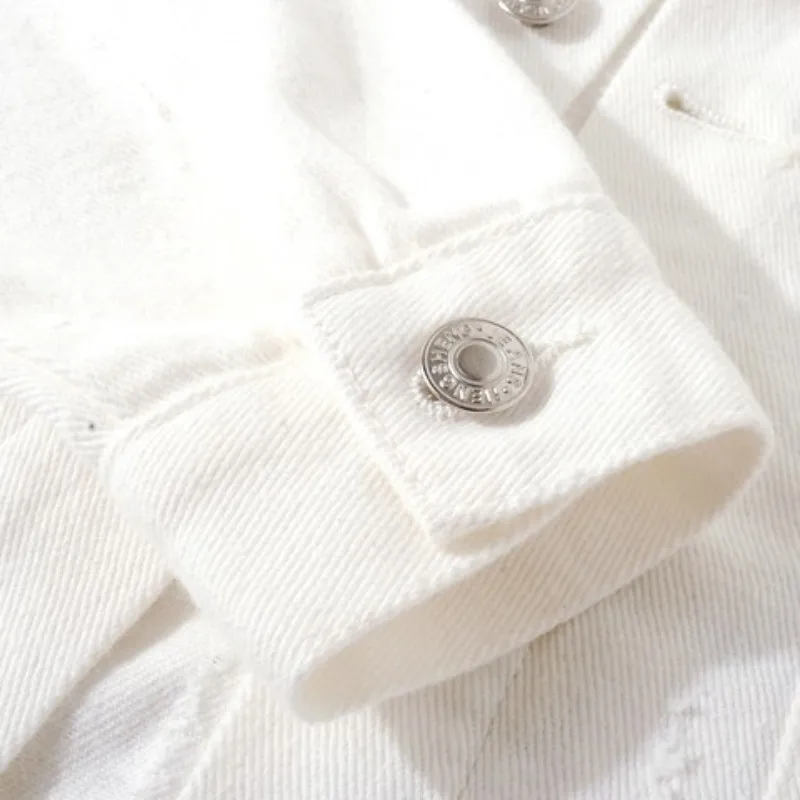 

Spring New Ripped Hole Long Sleeve Denim Coat Women High Street Casual Loose Fit White Short Jacket Single Breasted Outerwear