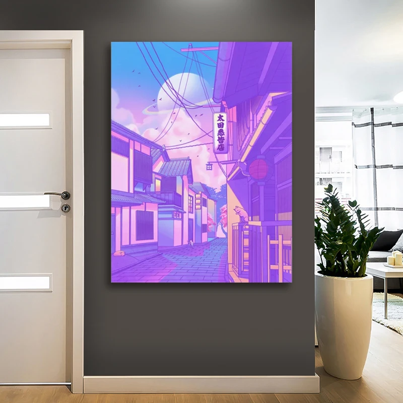 

Wall Art Poster Modular Street City Scenery Canvas Painting HD Printed Cartoon Purple Sky Pictures Home Decor Living Room Frame