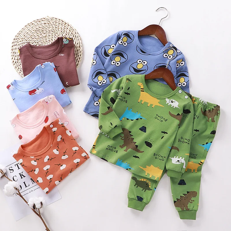 Conjuntos de pijama de algod&oacute;n para ni&ntilde;os y ni&ntilde;as, camisetas con estampado de dibujos animados y cuello redondo, pantalones, ropa de oto&ntilde;o, novedad de 2021-0