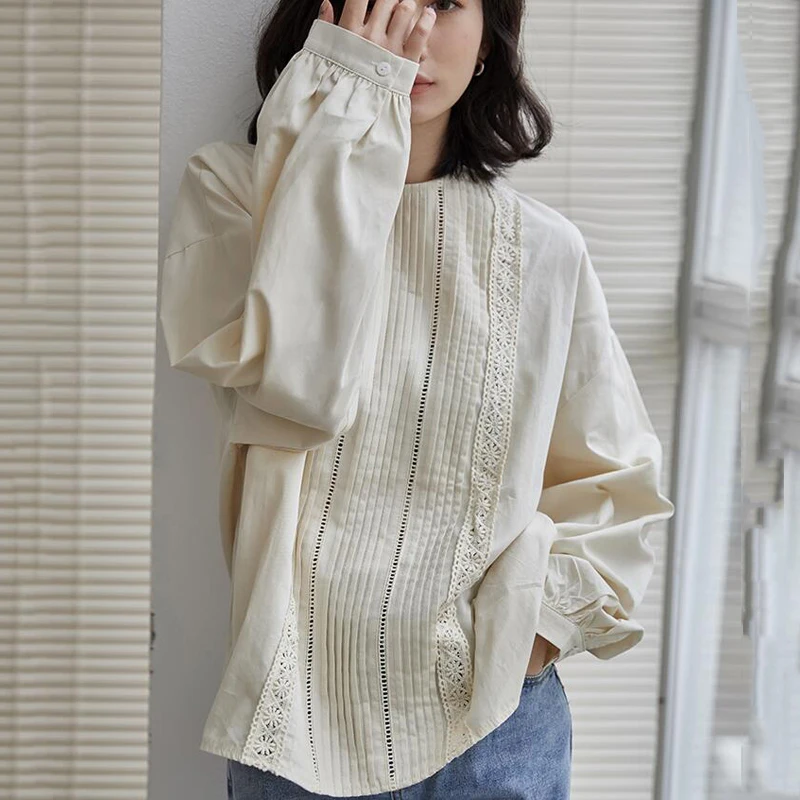 

Elegant Apricot Lace Blouse Shirt Vintage Organ Long Lantern Sleeve Female Blouses Women Spring Shirt Tops