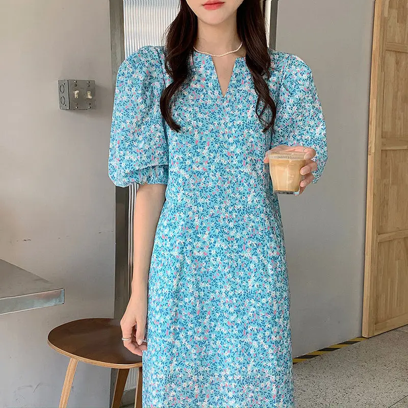 

KUSAHIKI Korean Floral Dress for Women Puff Sleeve O-neck Dresses 2021 Summer New High Waist A-line Vestidos Feminimos 6J156