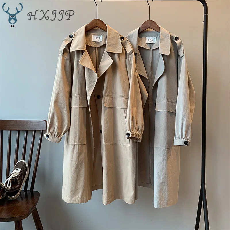 

HXJJP Spring Autumn Women Fashion Brand Korea Style Waist Belt Loose Khaki Color Trench Female Casual Elegant Soft Long Coat