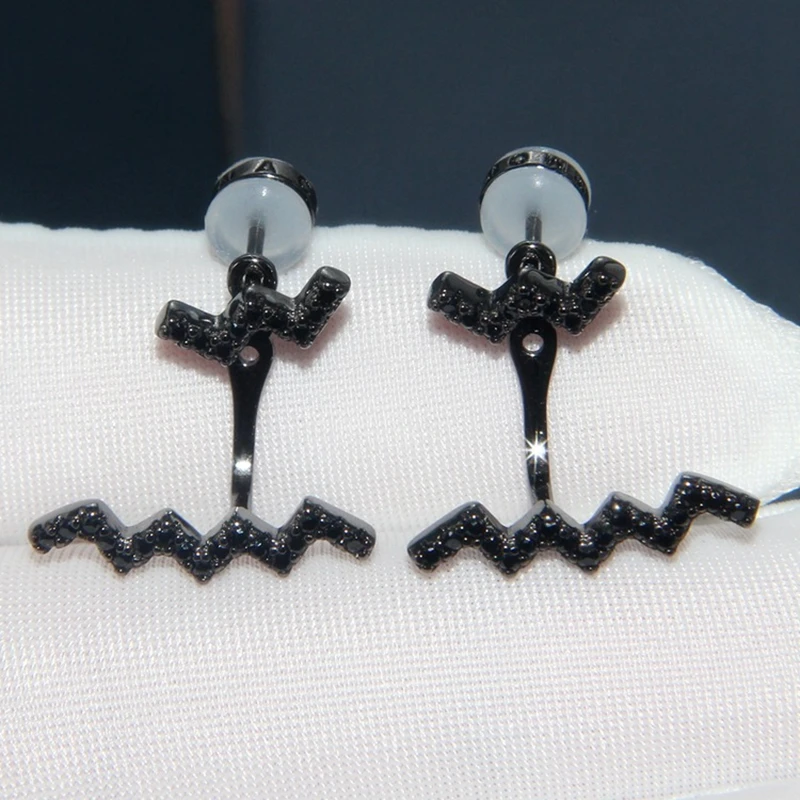 Популярные черные циркониевые простые волнистые серьги гвоздики из серебра 925