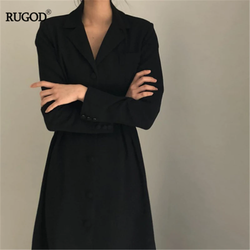 Женское однобортное платье-трапеция RUGOD черное облегающее платье с отложным