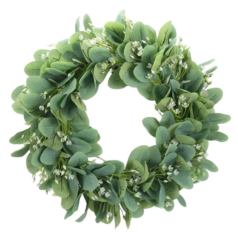 

15.7 Inch Artificial Eucalyptus Wreath Green Leaf Faux Boxwood Wreath Spring Summer Outdoor Ornaments for Front Door