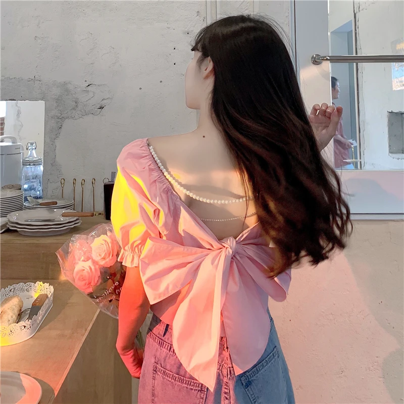 

Kawaii Casual Blouse Tops Women Bow Design Summer White Backless Sweet Mini Blouse Shirt Korean Chic Party Mini Y2k Blouse Tops