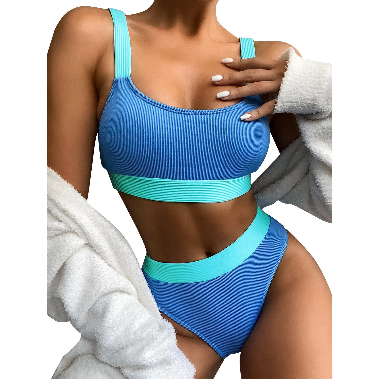

Female Sexy Swimsuit 2021High Waist Bikini Set Bathing Suits Women Two Piece Split Ladies Contrasting Color Bather Greater