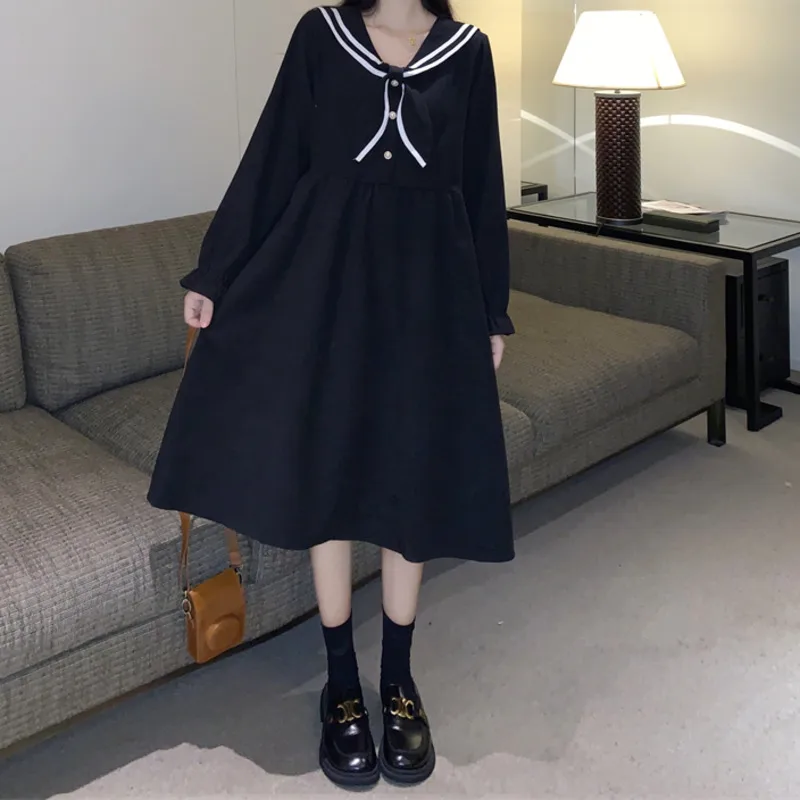 

Early Autumn Dress Small Women's Dress 2021 New Chic Design Sense Skirt Gentle Navy Collar Medium Length