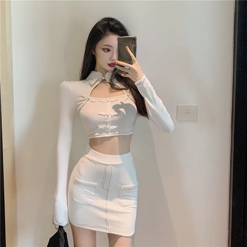 Chinese Style Sexy Retro Long Sleeve Hollow Out Cheongsam Crop Top White Knit Shirt Mini Bag Hip Skirt Fashion Sets |