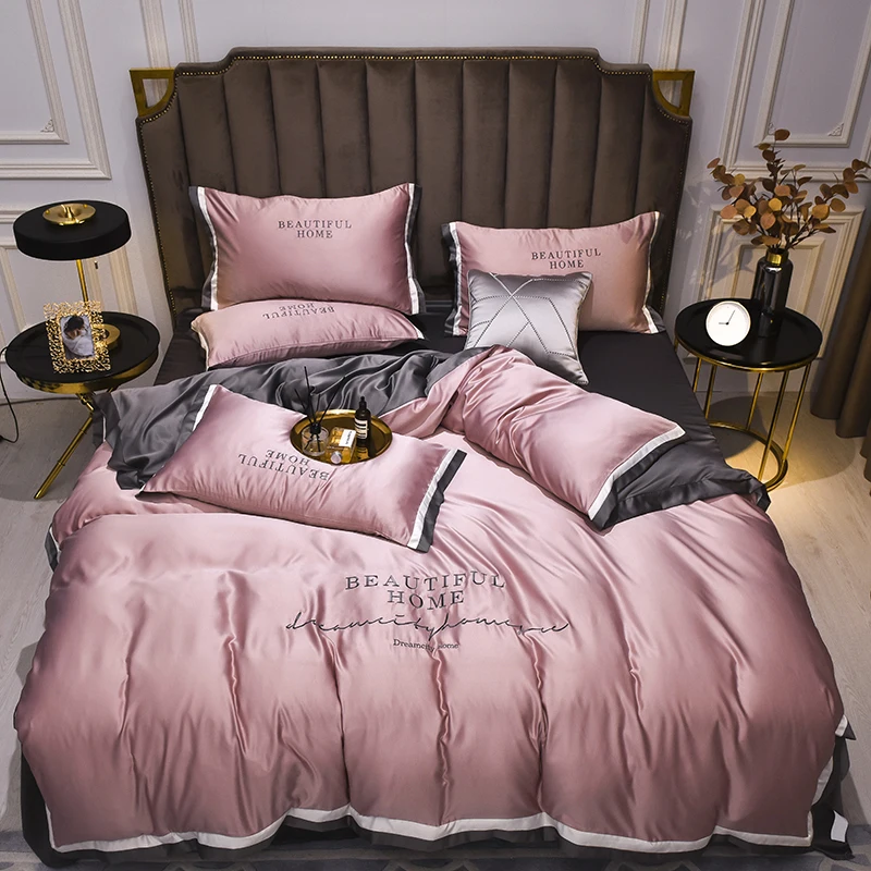 

Luxury Bedding Set Silky Duvet Cover With Flat Sheet 3/4pcs Solid Color Tencel Pink Bed Cover Set Embroidery Bed Set Queen King